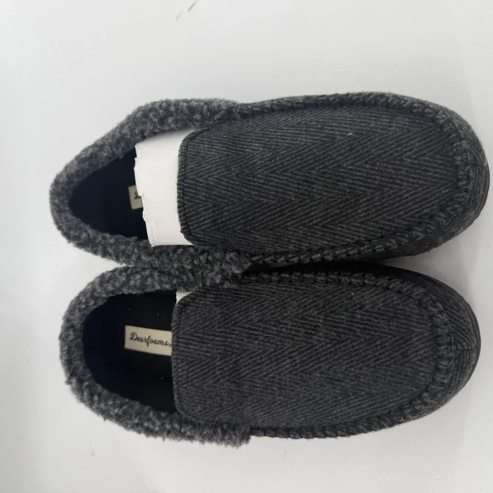 Dearfoams Mens Memory Foam Moccasin Slippers‎ Grey Herringbone Size M 9-10